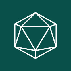 A white outline of a twenty sided die on a dark green background