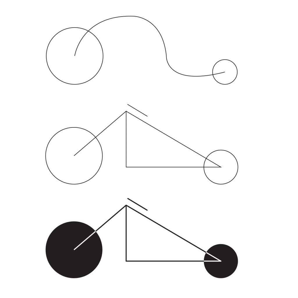 Circles, lines, and triangles used to represent an Abstract bicycle design used in the inner cover of DadQuest