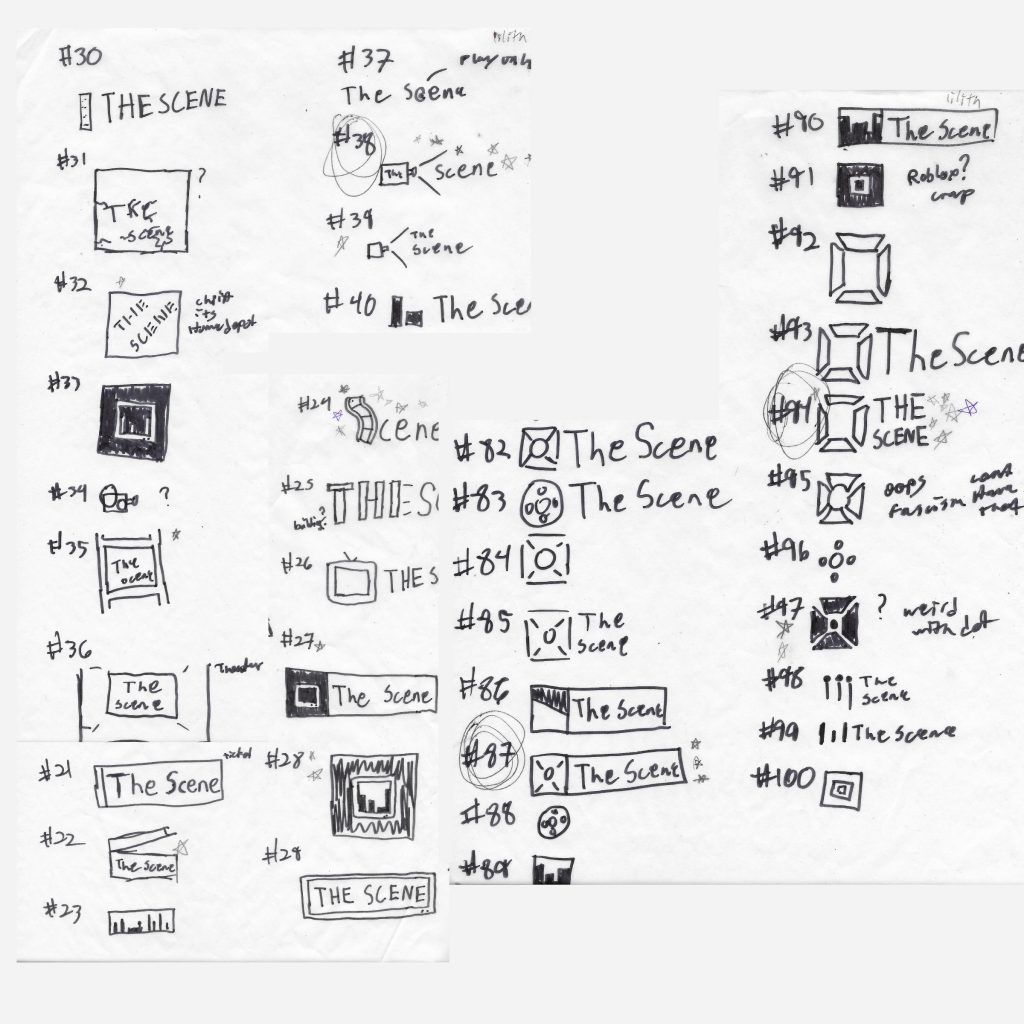 several sketches of potential logos for The Scene