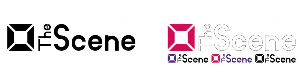 The Scene logo, which has the word The Scene on it along with a stylized barn light cover. The logo is in both achromatic as well as the various color options.