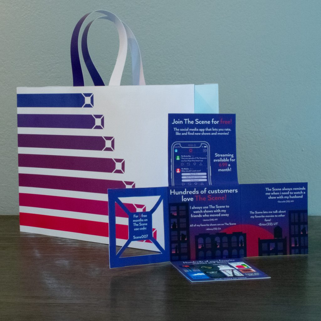 A bag and example mailer for The Scene. Showcasing extensive branding.